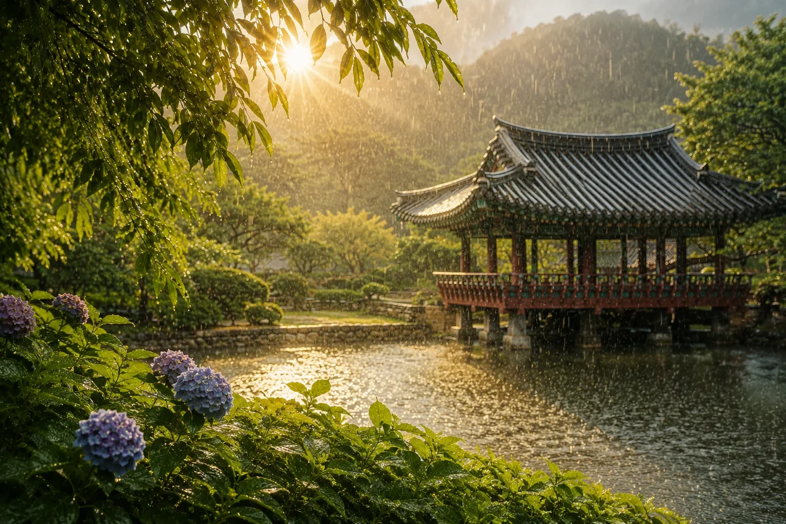 Traditional House With Sun Shining Through The Rain