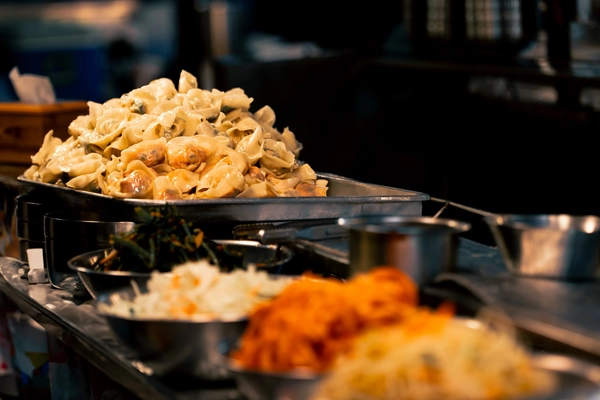 Banchan dishes on display at the market